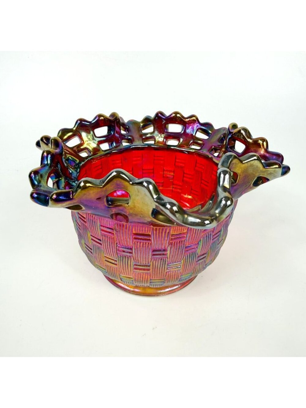 Vintage Fenton Red Carnival Basket Weave Amberina Open Lace Ruffled Bowl 1970s